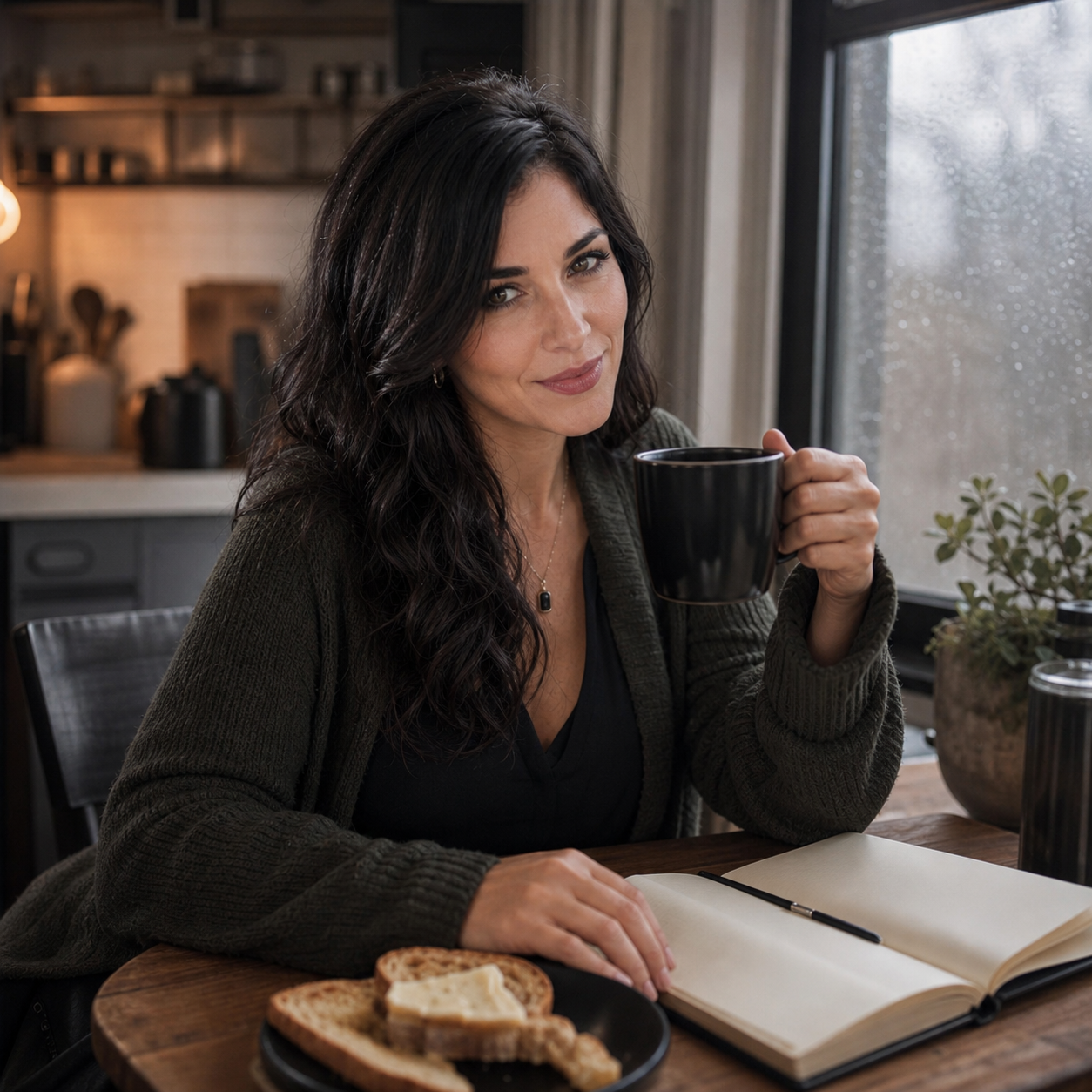 Nyra Somata at a rainy kitchen breakfast table with black coffee, toast, and an open notebook.