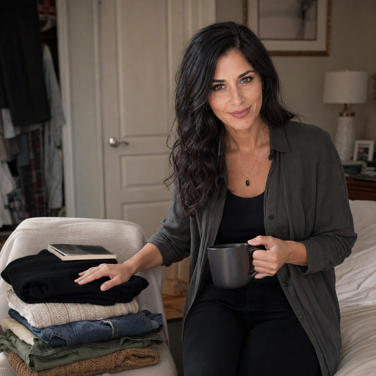Nyra Somata beside a bedroom laundry chair with folded clothes, a black sweater, a paperback, and a dark coffee mug.