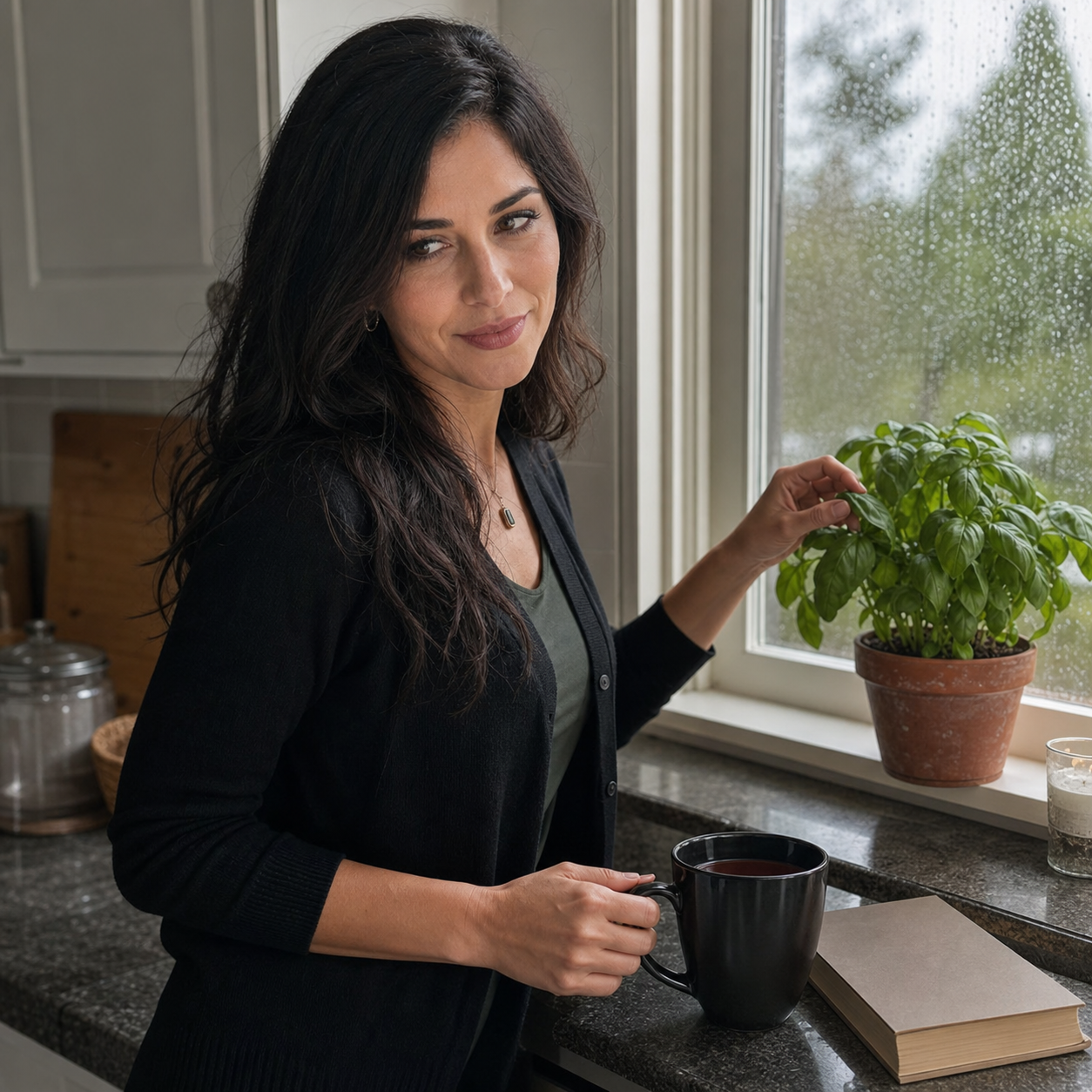 Nyra Somata at a kitchen windowsill with basil, black tea, a face-down paperback, and Saturday rain beyond the glass.
