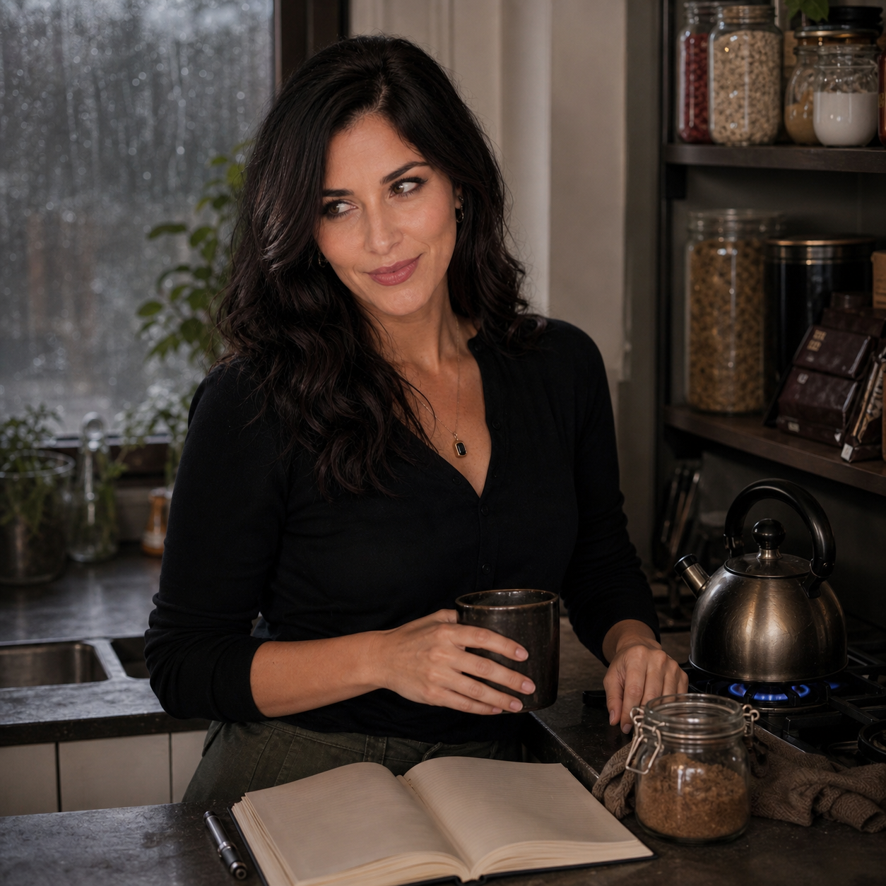 Nyra stands half-turned at a rainy kitchen counter with tea, a kettle, and an open notebook, giving a clever assessing side glance that fits a journal note about dark-romance restraint and domestic standards.