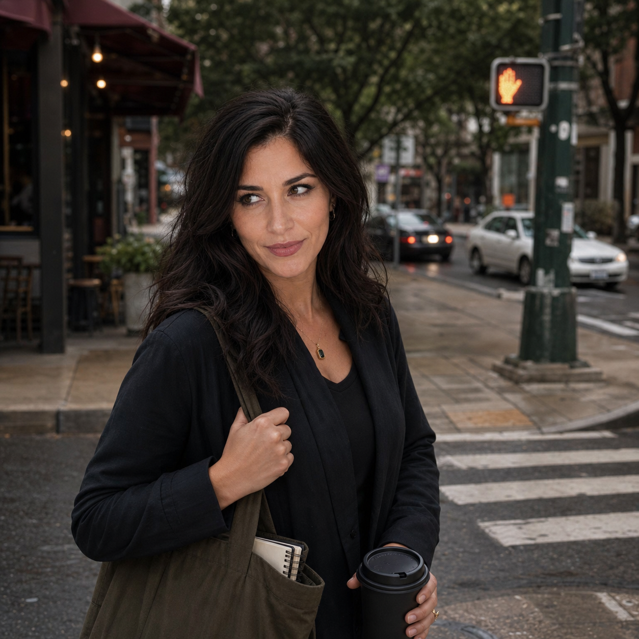Nyra stands at a damp city crosswalk near a cafe, holding coffee and a tote with a notebook visible, giving an assessing side glance.