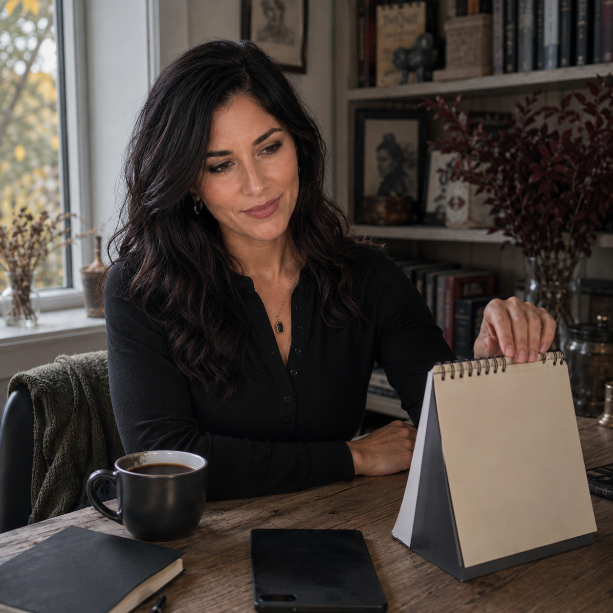 Nyra sits at a writing desk by a cool window with black coffee, a face-down phone, a blank desk calendar, and a dark notebook, giving a skeptical warm side glance.