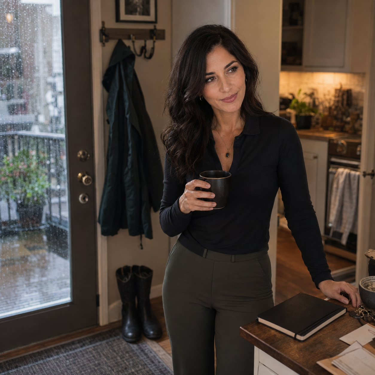Nyra stands half-turned in a cozy entryway with a raincoat by the door, boots on the mat, black coffee, and a dark notebook, giving an amused assessing side glance.