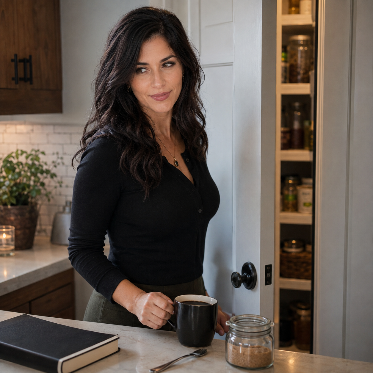Nyra stands half-turned beside a kitchen counter and slightly open pantry with coffee, a spoon, jars, and a face-down notebook, giving an amused assessing side glance.